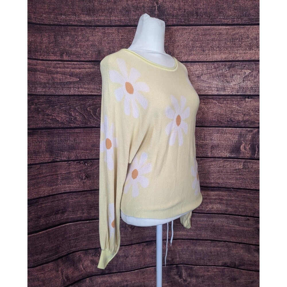 Ekouaer Yellow Daisy Floral Knit‎ Sweater Long Sleeve Sz Small Preppy 90s
